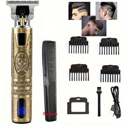 Hair Clippers & Trimmers Vintage Gold T-Blade Model with LCD Display, USB Charging and Three Etched Designs