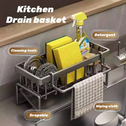 Kitchen Sink Organizer Sponge Holder with Self-Draining Tray Removable Rag Rod Carbon Steel for Home Cooking, Dining and Outdoor Meals