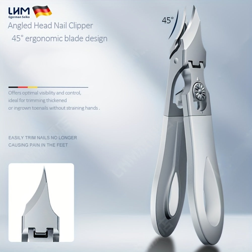 LIAM Wide-Jaw Nail Clipper in Bright Silver with 45-Degree Offset Cutting Edge and Stainless-Steel-Labeled Body