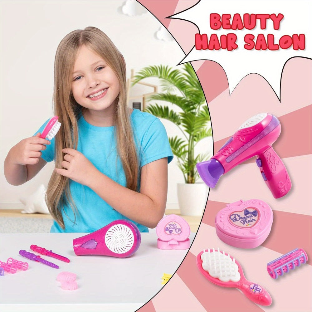 Girls Beauty Salon Toy Set 17 PCS, Pretend Play Hair Stylist Kit with Working Hairdryer Mirror Curling Wands Combs Clips & Jewelry Box