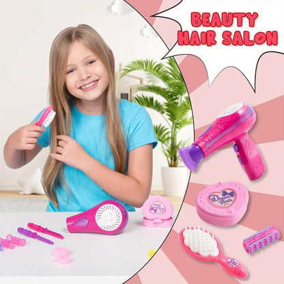 Girls Beauty Salon Toy Set 17 PCS, Pretend Play Hair Stylist Kit with Working Hairdryer Mirror Curling Wands Combs Clips & Jewelry Box