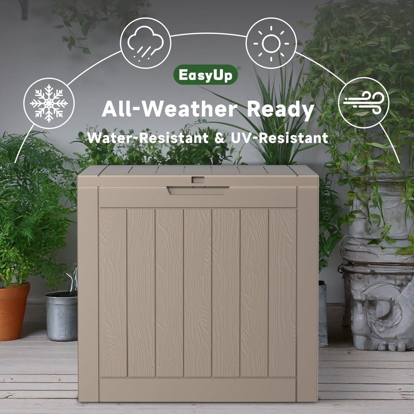 Outdoor Resin-Style Deck Box in 35- or 45-Gallon Sizes with Lockable Lid, Side Handles and Two Colors