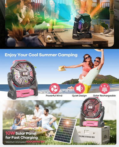 Rechargeable Camping Fan 20000mAh with Misting, Power Bank, RGB Light, 4 Speeds & Tent Hook for Outdoor Use