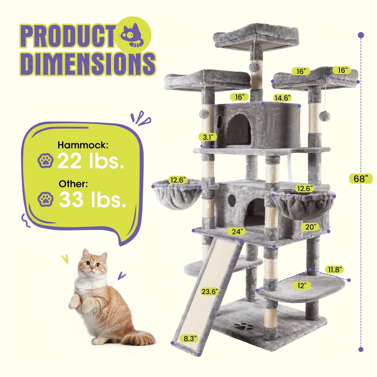 Multi-Level Cat Tree in 36-, 65-, 68- or 81-Inch Heights with Perches, Condo, Hammock and 30 Color, Pattern or Layout Options