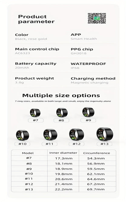 Smart Ring Activity Accessory in Black, Rose Gold or Silver with Seven Diameter-Based Size Options