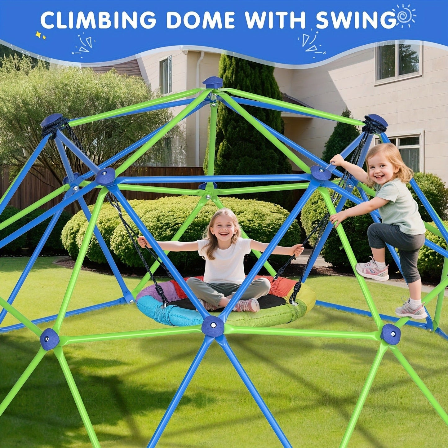10FT Kids Climbing Dome with Hammock Swing Disc Swing Backyard Jungle Gym Steel Frame Outdoor Play Equipment 1000 LBS Capacity Gift for Boys