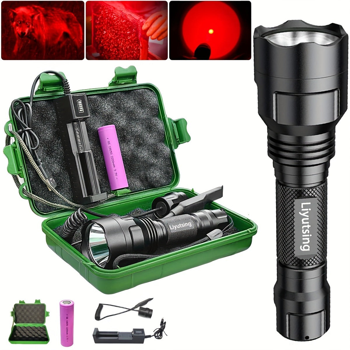 Flashlight Red, Green or White Hunting Light with Remote Switch, 18650 Battery and Mount Options