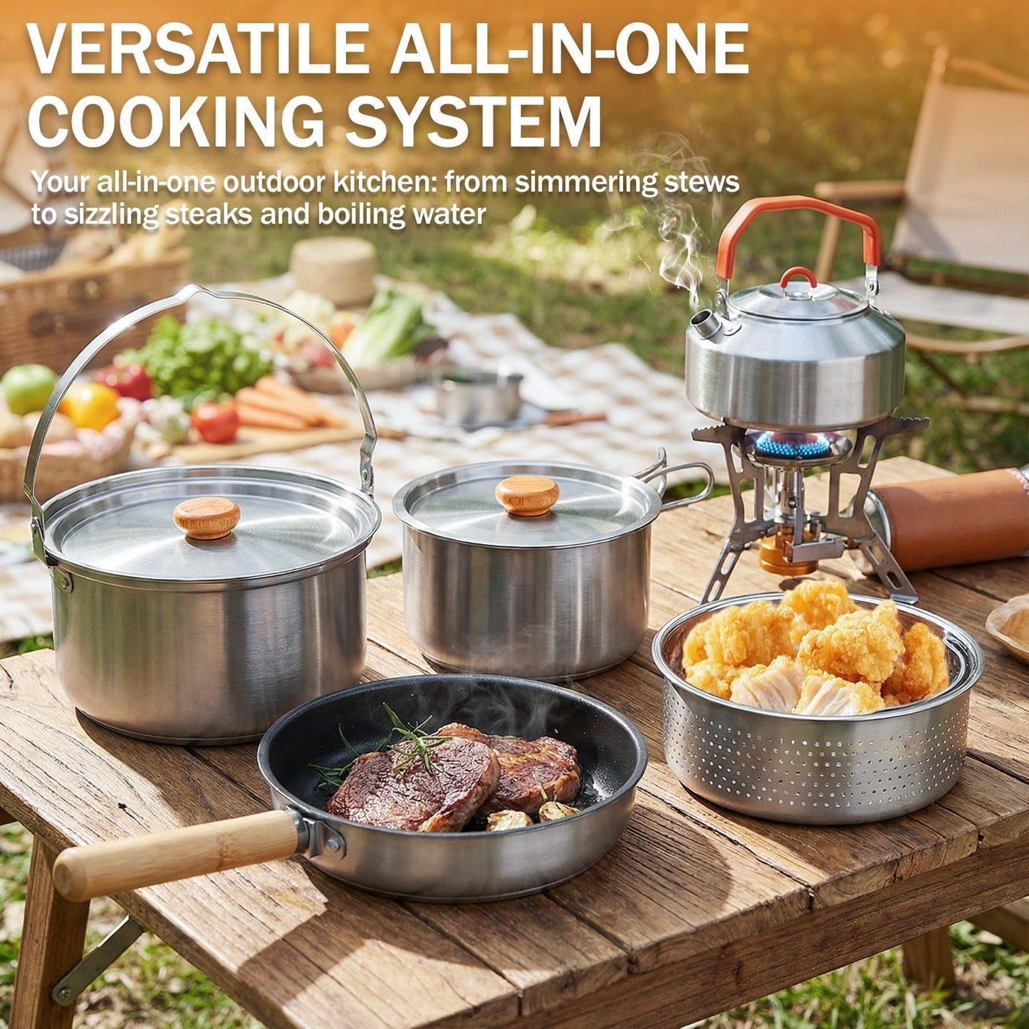 Camping Cookware Set, 19- or 27-Piece Coated Aluminum Mess Kit with Pot, Pan, Kettle, Cups, Plates and Cutlery