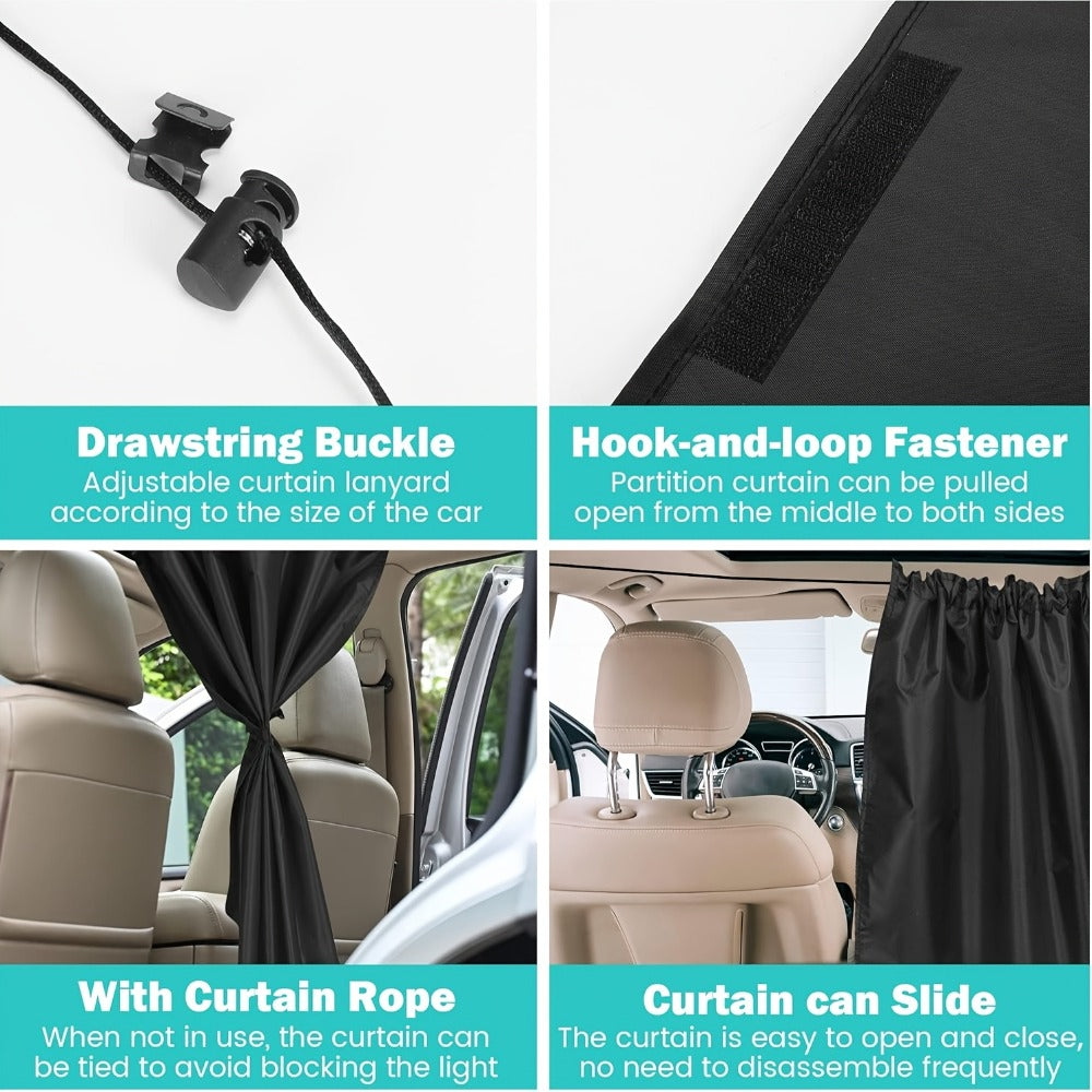 Car Privacy Curtain Set 3-Piece 99% Blackout | Extra-Large Rear Seat Divider & Side Window Curtains, Double-Layer Fabric