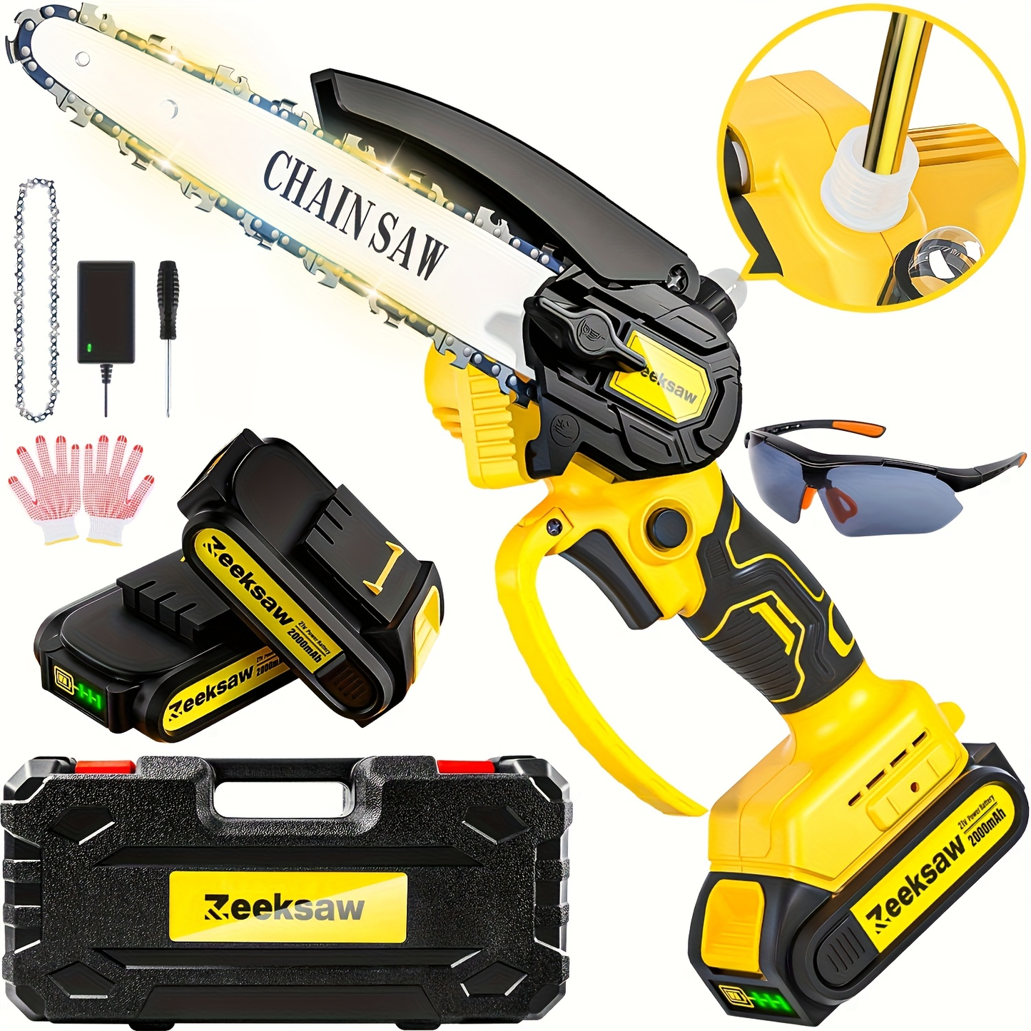 Cordless Mini Chainsaw 8 Inch with 2x2.0Ah Batteries & Charger, Auto Oiler, Chain Tensioning, 26ft/s Speed for Tree Branches & Yard Work