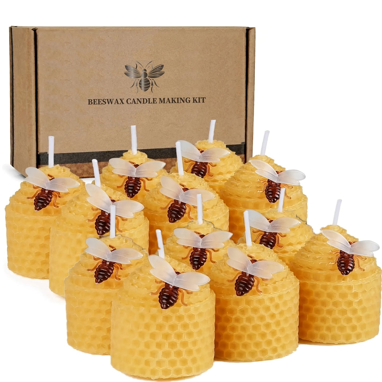 Beeswax Candles Set – Natural Pure Beeswax Votive Candles with Bee Decorations, Handcrafted from Beekeepers