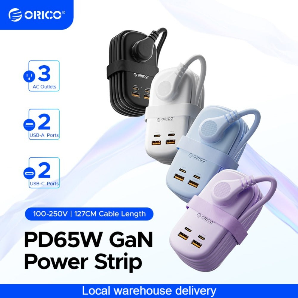 GaN 65W Portable Power Strip Fast Charging - 3 AC Outlets, 2 USB-C & 2 USB-A Ports, Flat Plug, 50-inch Cable