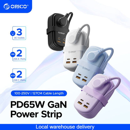 GaN 65W Portable Power Strip Fast Charging - 3 AC Outlets, 2 USB-C & 2 USB-A Ports, Flat Plug, 50-inch Cable