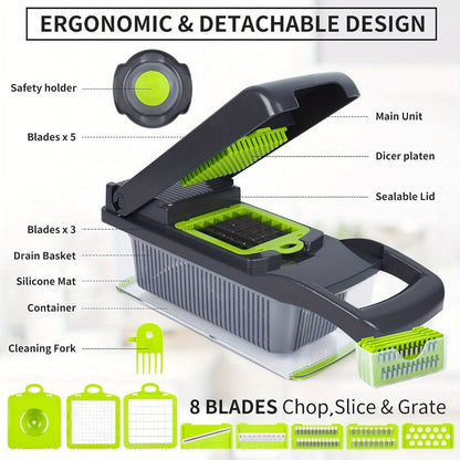 Vegetable Chopper 16-in-1 Manual Food Chopper Set, 8 Interchangeable Blades with Container, Grater & Strainer