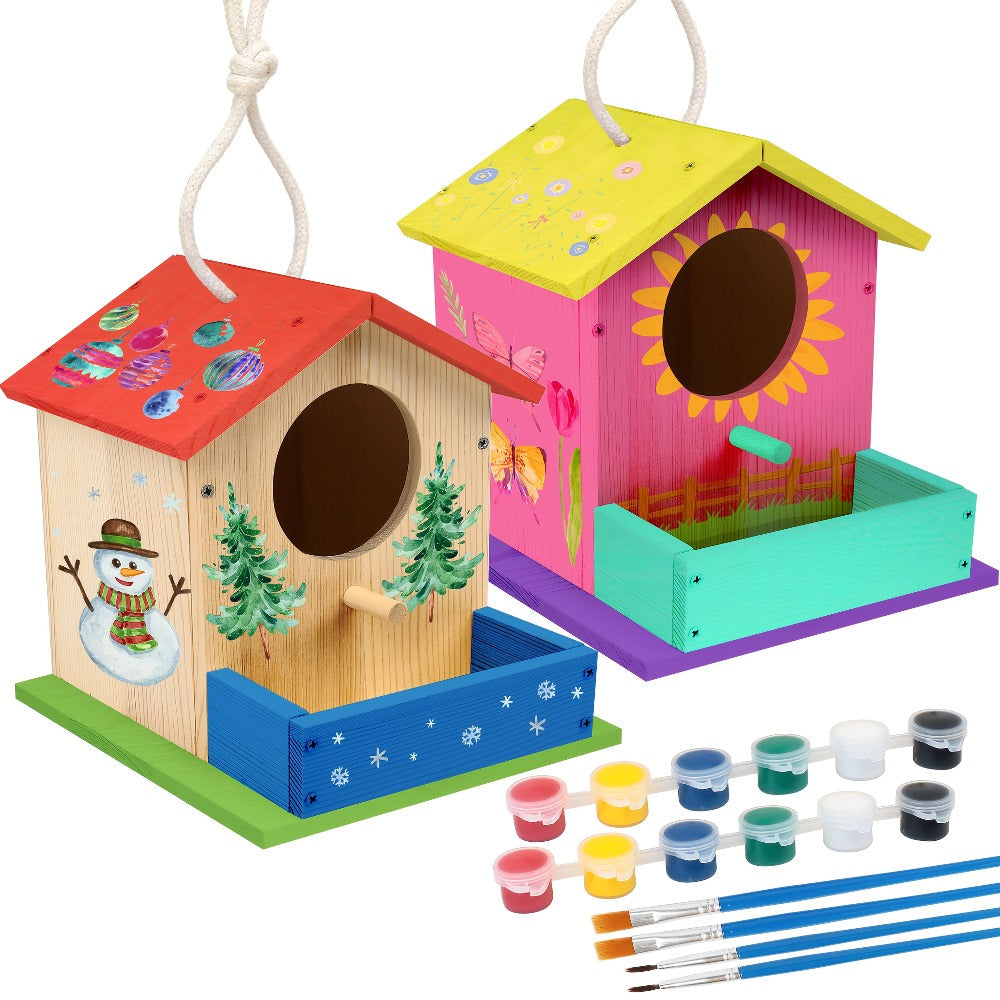 Wooden Birdhouse Build and Paint Craft Kit with Panels, Fasteners, Paints and Brushes in One or Two Packs