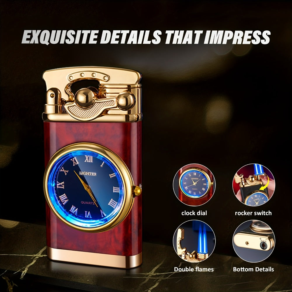 Vintage Dial-Front Double-Flame Butane Lighter with Rocker Ignition in Black Matte or Red Wood Grain