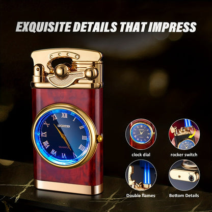 Vintage Dial-Front Double-Flame Butane Lighter with Rocker Ignition in Black Matte or Red Wood Grain