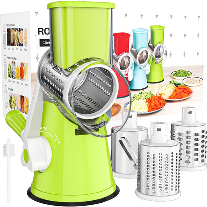 Rotary Cheese Grater with Hand Crank, 3 Interchangeable Blades for Cheese, Vegetables & Nuts, Suction Base