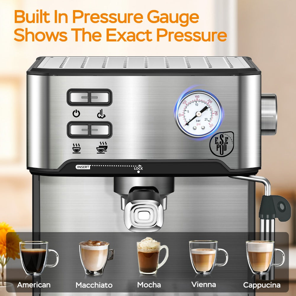 Espresso Machine Stainless Steel, Dual-Brew Coffee Maker with 54.1oz Water Tank, High-Pressure Steam Wand
