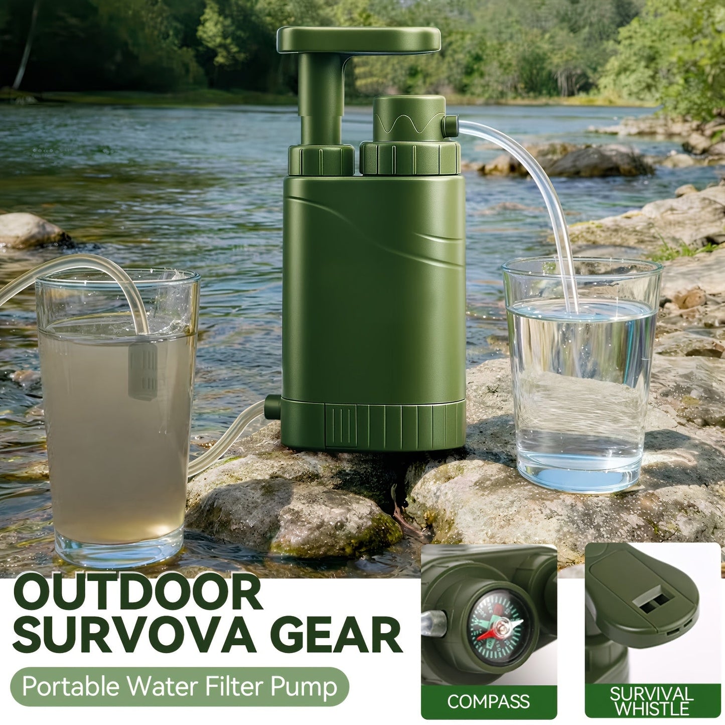 Portable Hand-Pump Water Filter Kit with Green Pump, Clear Hose, Filter Cartridge, Bag and Pictured Accessories