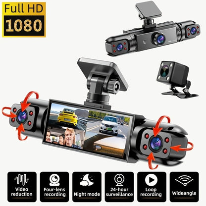 360° 4-Channel Dash Cam 1080P Front + 720P Rear Left Right Full Coverage, WDR Night Vision, G-Sensor, Loop Recording