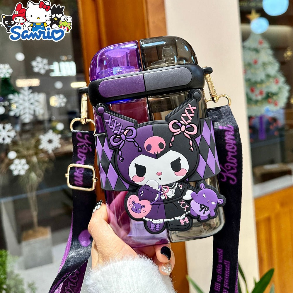 21.6oz Sanrio Water Bottle with Dual Covered Nozzles, Carry Strap and Kuromi or Cinnamoroll Design
