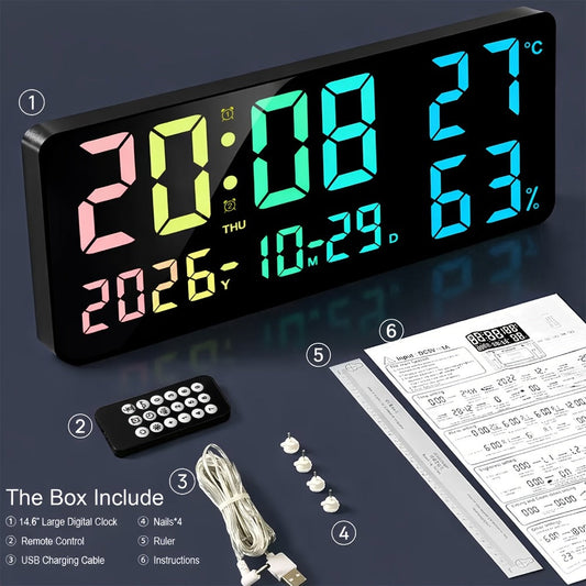 14.6-Inch RGB Digital Wall Clock with Remote, Dual Alarm, Five Brightness Levels and 12 Display Modes