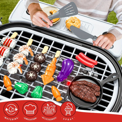 Kids BBQ Grill Playset Two-Tier with Toy Food Meats Fruits Spices & Working Water Tap for Grilling, Camping and Outdoor Meals