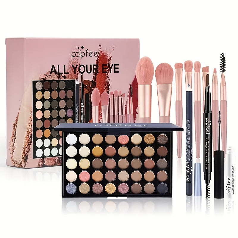 Complete Eye Makeup Kit 40 Color Eyeshadow Palette with Mascara Eyeliner Eyebrow Pencil & Brush – Matte Shimmer Glitter Pigmented Blendable