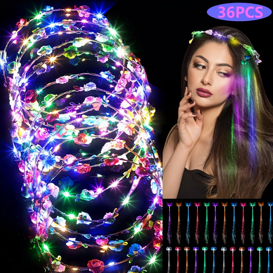 Light Up Flower Crown Headbands 36 Pack Bulk LED Fiber Optic Floral Tiara Glow Party Favors for Women Girls
