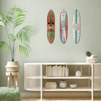 Wooden Surfboard Wall Art 15.74", Rustic Tropical Beach Decor with Hibiscus & Tiki Mask Design