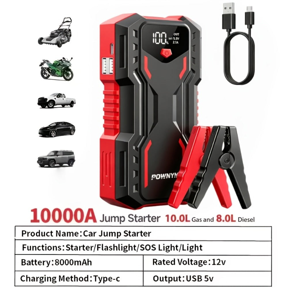 Jump Starter 10000A 7-in-1 with Air Pump – 150PSI Tire Inflator, Portable Battery Booster for Gas & Diesel, USB & USB-C Power Bank