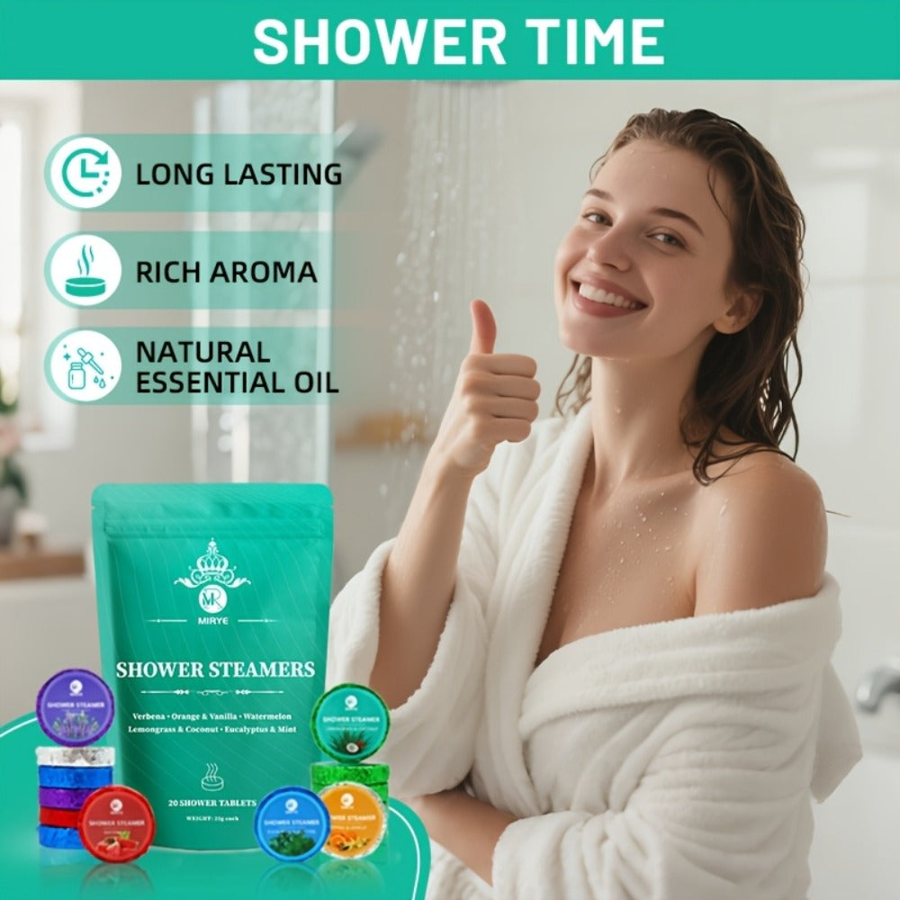 Twenty Assorted Shower Steamer Tablets with Six Fragrance Labels in a Teal Resealable Gift Bag