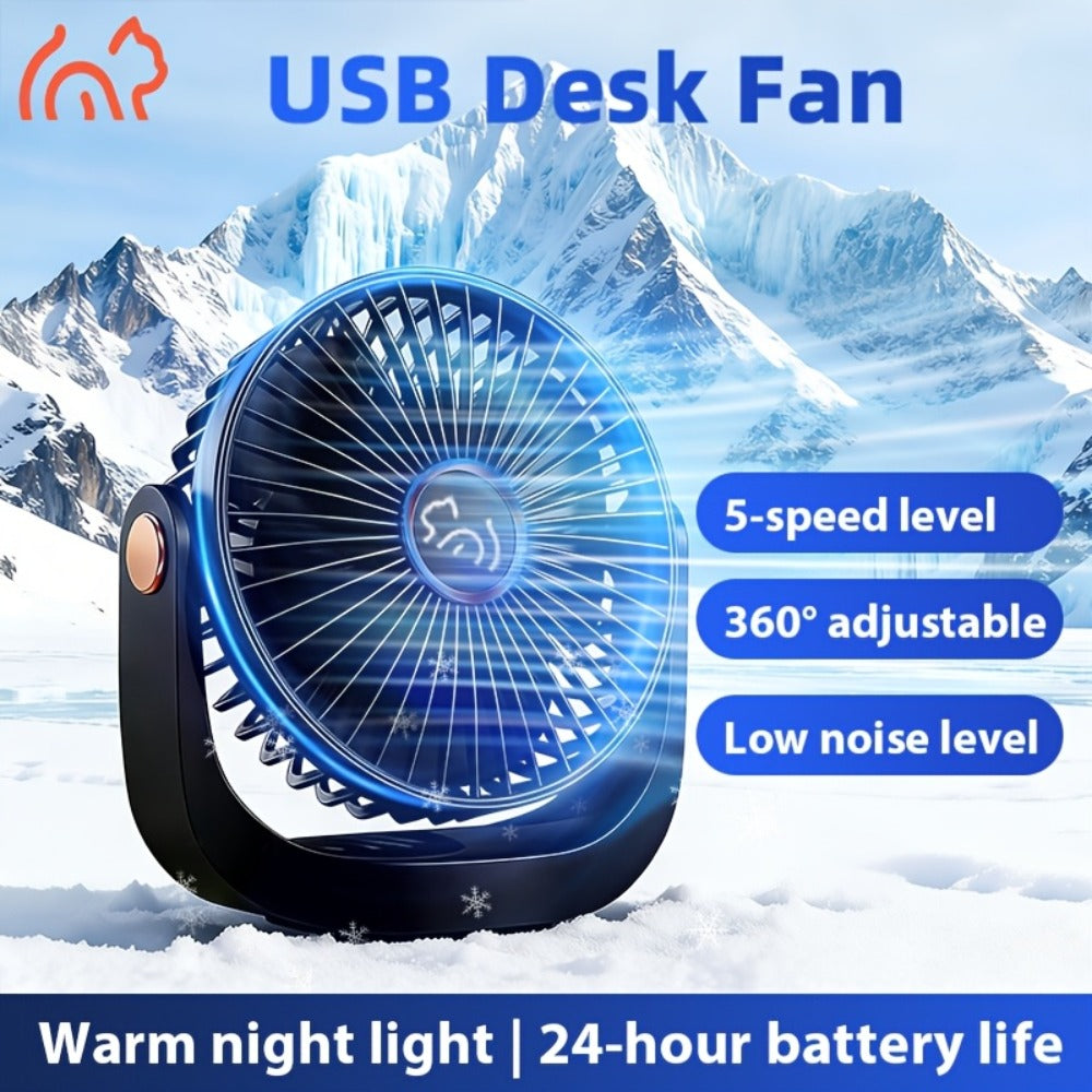 Portable Fan USB-Rechargeable Five-Speed Model with Desk, Wall, Ceiling and Hanging Placement Options