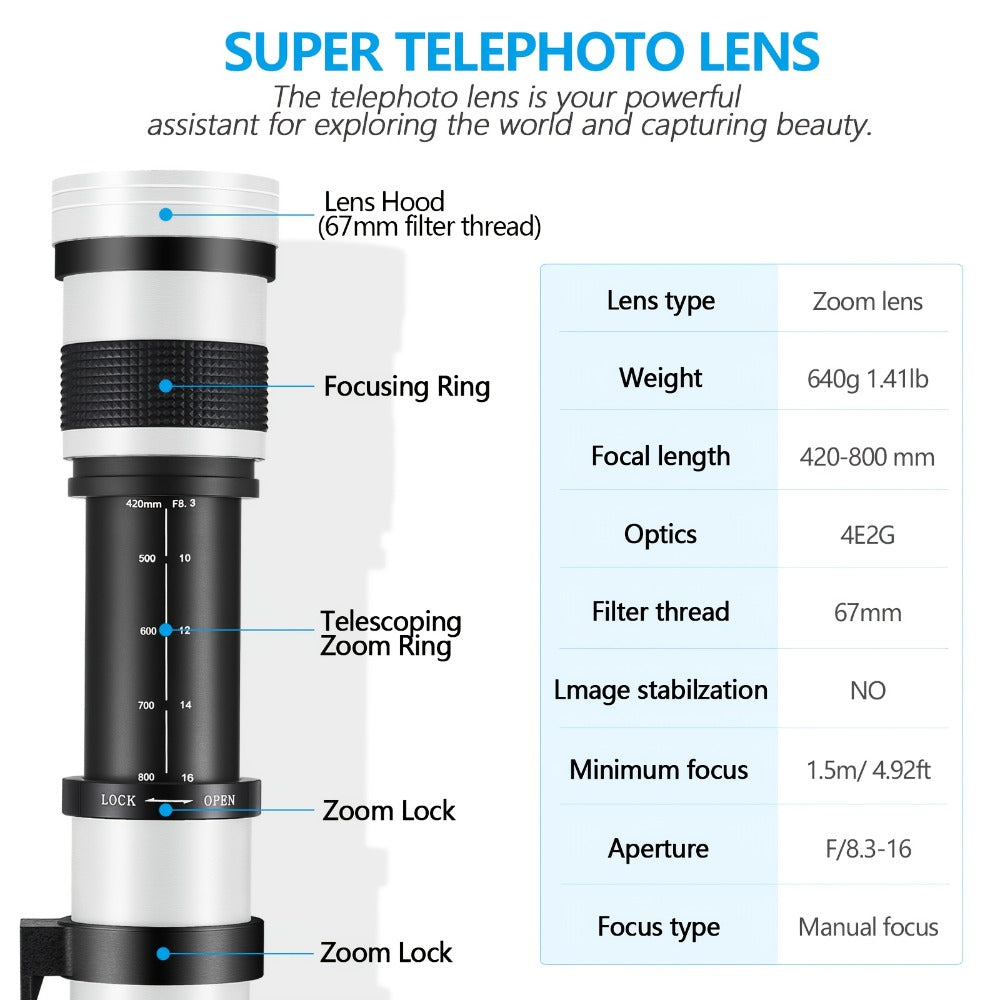 420-800mm High-Power Telephoto Zoom Lens F8.3-16 for Canon EF Mount DSLR Cameras Manual Focus for an Everyday Personal Care Routine