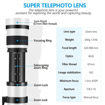 420-800mm High-Power Telephoto Zoom Lens F8.3-16 for Canon EF Mount DSLR Cameras Manual Focus for an Everyday Personal Care Routine