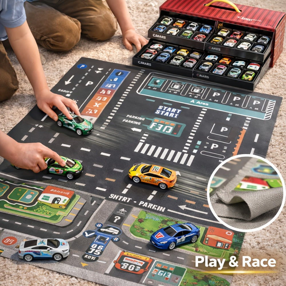48-Piece Parking Lot Playset for Kids, 4-Level Car Garage with Friction Powered Mini Cars, Ramp & Track