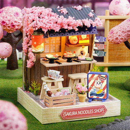 DIY Miniature Shop Dollhouse Kit with Dust Cover, Wooden Mini Store Assembly Set, 4 Themes Sakura Noodles Candy Atelier Coffee