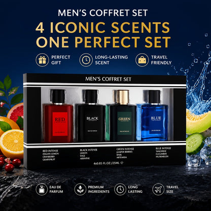 EDT Cologne Gift Set for Men 4 Piece Variety 4 Different Scents Long Lasting Fragrance Mini Bottles 0.85oz Each Travel Friendly Holiday
