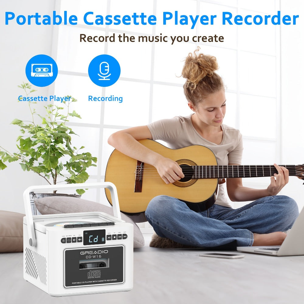 Boombox CD Cassette Player Rechargeable 5000mAh Battery 5W Dual Stereo Speakers FM Radio Tape Recording AUX SD USB 3.5mm Jack Portable Home