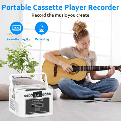 Boombox CD Cassette Player Rechargeable 5000mAh Battery 5W Dual Stereo Speakers FM Radio Tape Recording AUX SD USB 3.5mm Jack Portable Home