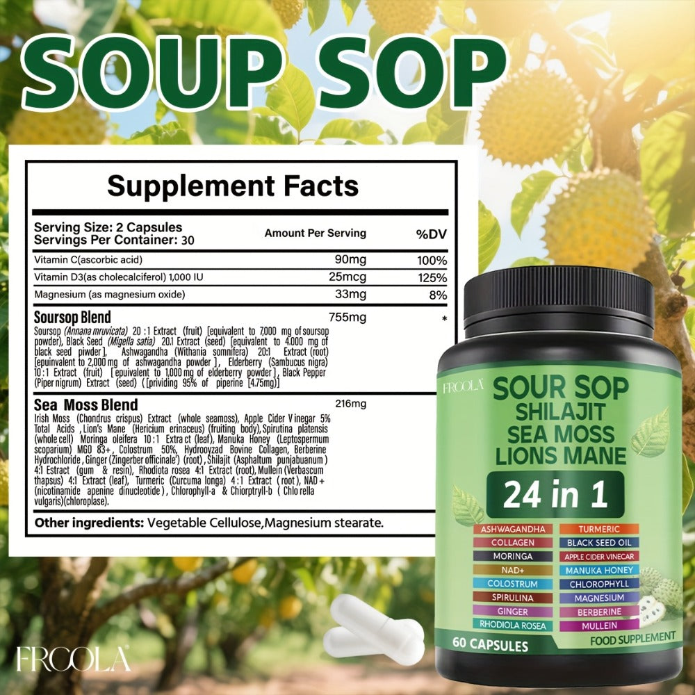 24-in-1 Daily Wellness Capsules with Soursop, Shilajit, Sea Moss & Lion's Mane, 2238mg Immune & Liver Health Formula for Men & Women