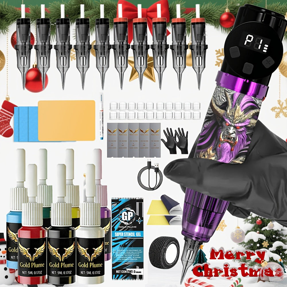 Tattoo Gun Kit Complete Set GOLDPLUME Cordless Rotary Machine 1500mAh Power Supply for Temporary Body Art, Festivals and Costumes