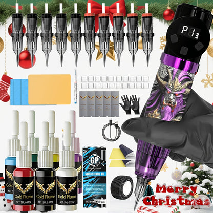 Tattoo Gun Kit Complete Set GOLDPLUME Cordless Rotary Machine 1500mAh Power Supply for Temporary Body Art, Festivals and Costumes