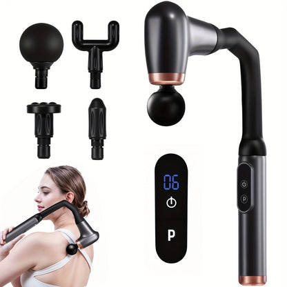 U-Shaped Massage Gun with Four Pictured Heads, 6-Level and 3-Mode Labels, Grey Finish and Long-Reach Housing