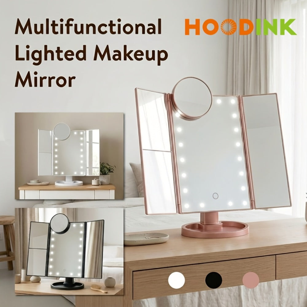 Vanity Mirror with Lights Tri-Fold 21 LED Lighted Makeup Mirror Touch Control 1X 2X 3X 10X Magnification 360 Rotation Dual Power Tabletop