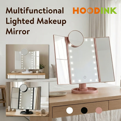 Vanity Mirror with Lights Tri-Fold 21 LED Lighted Makeup Mirror Touch Control 1X 2X 3X 10X Magnification 360 Rotation Dual Power Tabletop