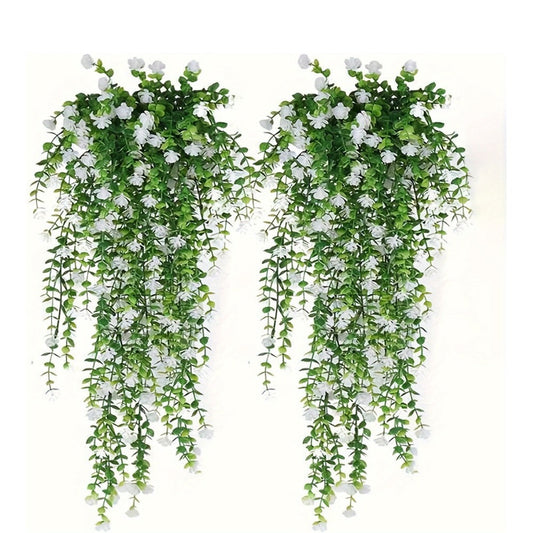 Hanging Artificial Flower Vines, 10-Bunch 30-Inch Set with White or Purple Flowers and Green Leaves