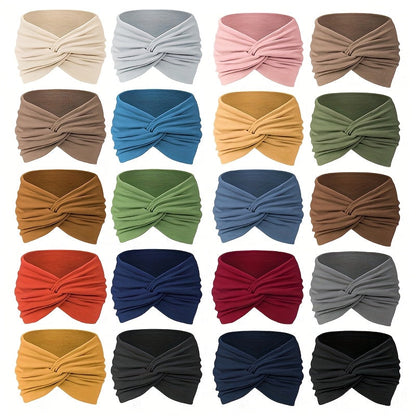 Stretchy Headbands 20 Pack for Women & Men – Soft Sweat-Wicking Non-Slip Elastic Turban Knot Hair Wraps Breathable Solid Colors for Yoga