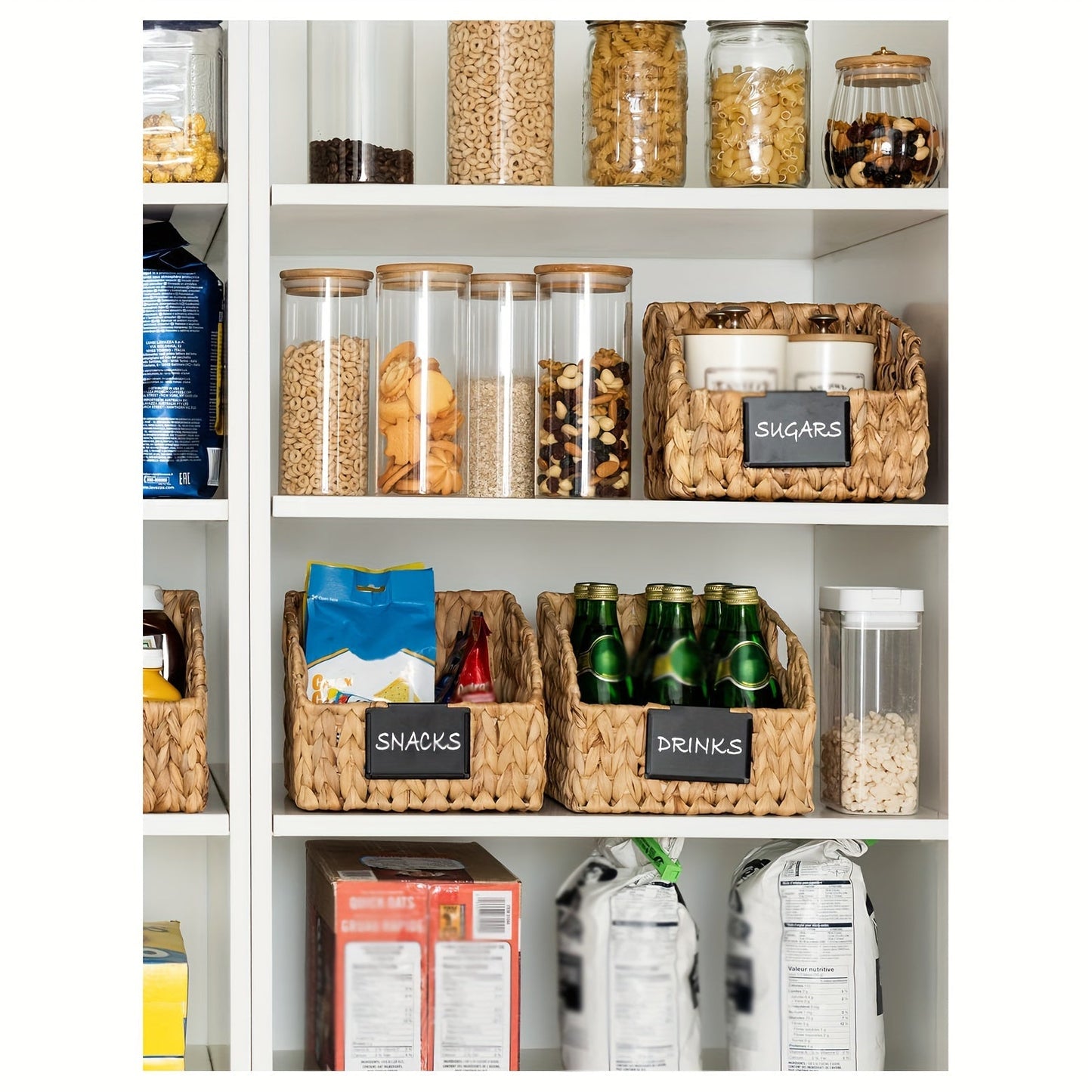 Water Hyacinth Pantry Storage Baskets 2-Pack with Seagrass Options and Integrated Shelf Handles
